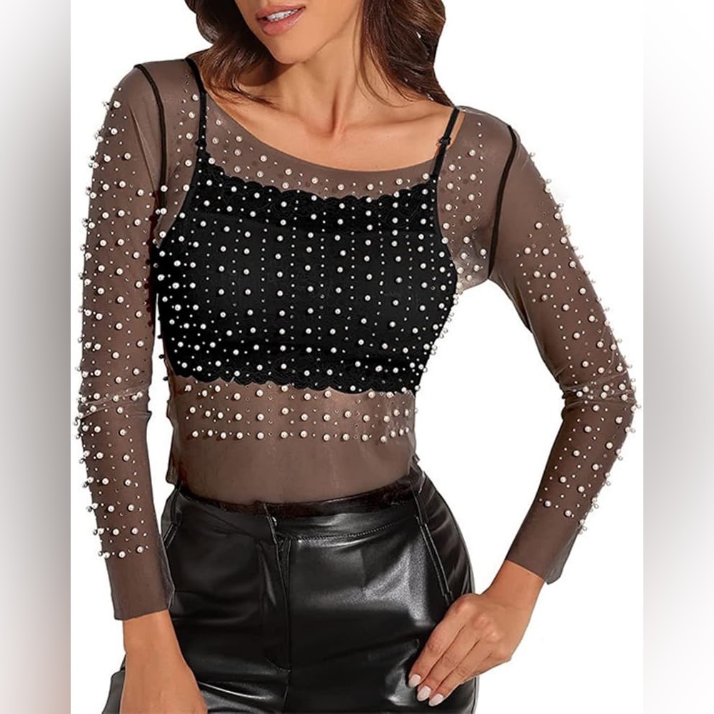 Micas Pearl Rhinestone See Through Long Sleeve Mesh Top. M. NWT.